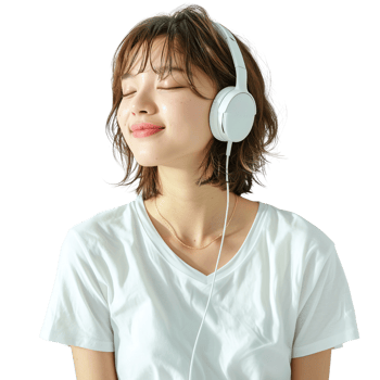 A woman wearing headphones is smiling and appears to be enjoying her music. Concept of relaxation and contentment png