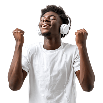 A man is wearing headphones and is smiling. Concept of happiness and excitement png