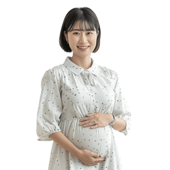 A pregnant woman wearing a white dress is holding her stomach. Concept of happiness and joy, as the woman is embracing her pregnancy png