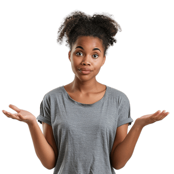 A woman with dark hair and a gray shirt is looking at the camera with a confused expression. She is holding her hands up in a questioning manner, as if she is unsure of something png