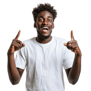A man with a beard and a white shirt is pointing at something. He is smiling and he is happy png