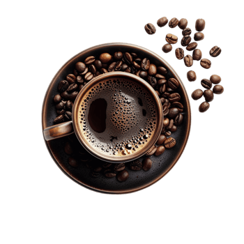 top down view of a cup of coffee accompanied by coffee beans png