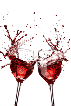 Two red wine glasses toasting with splash, isolated on transparent background png