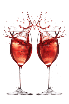 Two red wine glasses toasting with splash, isolated on transparent background png