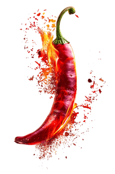 Red hot chili pepper with a splash of fire, isolated against a transparent background png