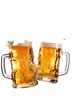Two beer mugs clinking with splashing cheers, isolated on transparent background png