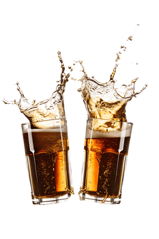 Two beer mugs clinking with splashing cheers, isolated on transparent background png