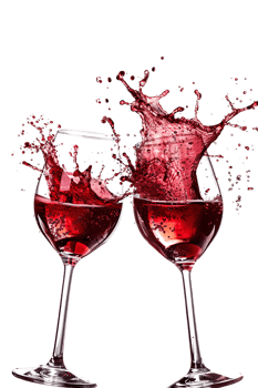 Two red wine glasses toasting with splash, isolated on transparent background png