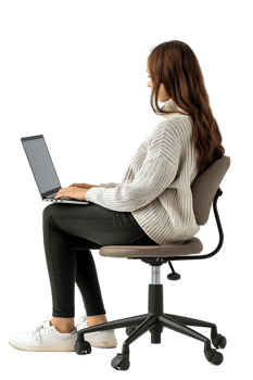 woman sitting on a chair and using a laptop, isolated against a transparent background png