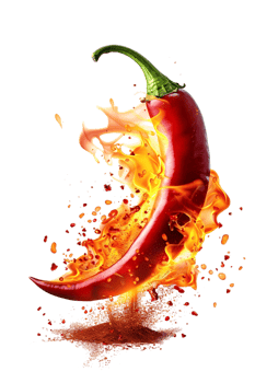 Red hot chili pepper with a splash of fire, isolated against a transparent background png