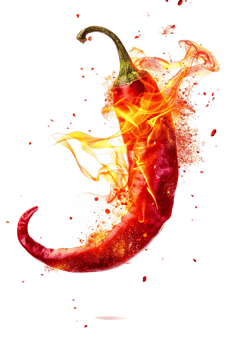 Red hot chili pepper with a splash of fire, isolated against a transparent background png