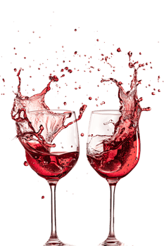 Two red wine glasses toasting with splash, isolated on transparent background png