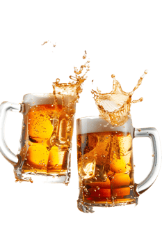 Two beer mugs clinking with splashing cheers, isolated on transparent background png