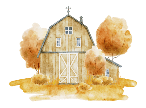 Watercolor Illustration of Rustic Barn with Vane Made of Wood and Metal Elements on isolated background. Drawing of old vintage Farm House with autumn trees and harvest festival. Fall landscape. png