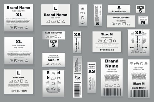 Clothes laundry labels mega set realistic elements in flat graphic design. Bundle objects of fabric clothing white tags with brand name, sizes, care washing instruction, info. illustration. vector