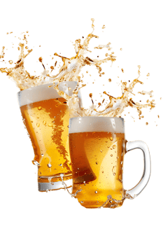 Two beer mugs clinking with splashing cheers, isolated on transparent background png