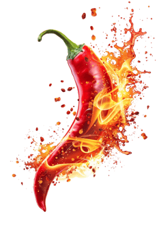 Red hot chili pepper with a splash of fire, isolated against a transparent background png