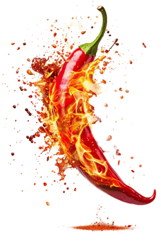 Red hot chili pepper with a splash of fire, isolated against a transparent background png