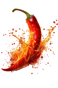 Red hot chili pepper with a splash of fire, isolated against a transparent background png