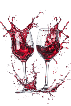 Two red wine glasses toasting with splash, isolated on transparent background png