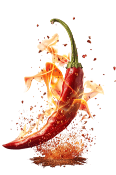 Red hot chili pepper with a splash of fire, isolated against a transparent background png