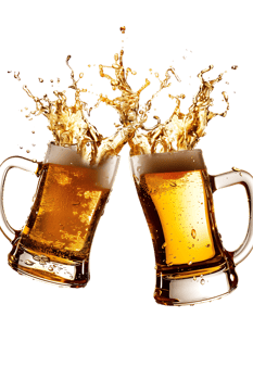 Two beer mugs clinking with splashing cheers, isolated on transparent background png