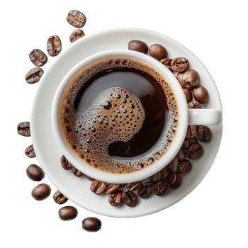 top down view of a cup of coffee accompanied by coffee beans png