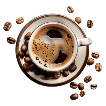 top down view of a cup of coffee accompanied by coffee beans png