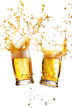 Two beer mugs clinking with splashing cheers, isolated on transparent background png