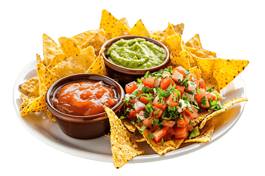 serving of nachos accompanied by two types of dipping sauces png