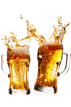 Two beer mugs clinking with splashing cheers, isolated on transparent background png