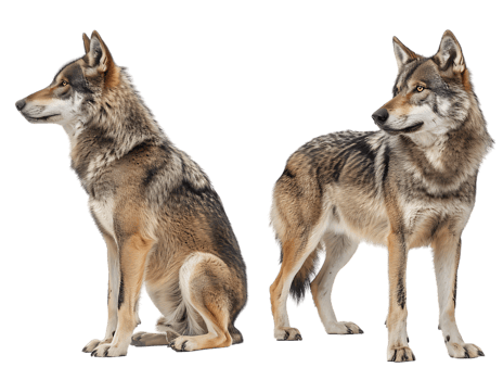 Wolf isolated against transparent background, front and side view png