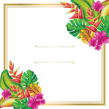 Palm monstera leaves with hibiscus and pink plumeria flowers abstract background template. Tropical exotic flower Frame. Trendy summer exotic flower card. vector