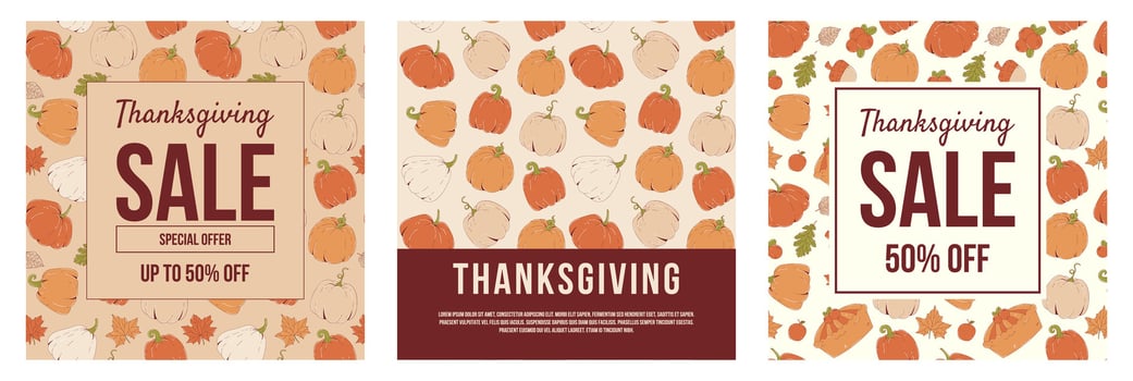 Happy Thanksgiving Day promo sale flyer autumn leaves, pumpkins, cranberry and acorn on the light background. Set illustration for poster, banner, card, special offer. vector