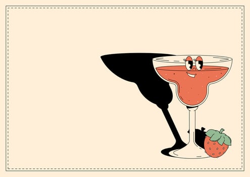Groovy character strawberry margarita. Retro banner alcoholic beverage with empty space. Retro illustration 70s, 80s style vector