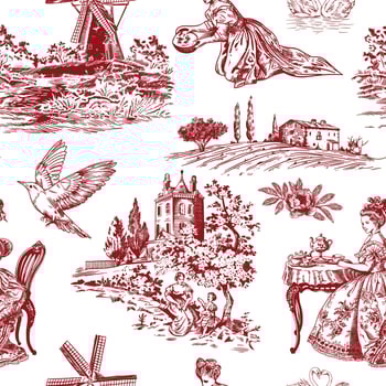 Abstract Victorian seamless pattern with hand drawn illustration with country life, couple villager in Toile de jouy style. Retro elegance blue Chinoiserie print. Vintage wallpaper for bedroom vector