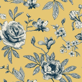 Abstract modern floral seamless pattern with hand drawn flower in Toile de jouy style. Retro elegance repeat print. Vintage design for fabric, wallpaper or wrapping vector