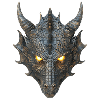 A Detailed Dragon Head Sculpture with Glowing Eyes png