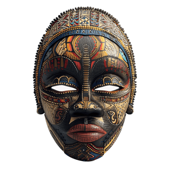 Ornate Wooden Mask with Geometric Patterns and White Eyes png