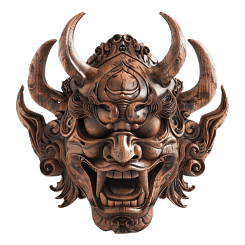 Intricately Carved Wooden Mask with Ferocious Expression png