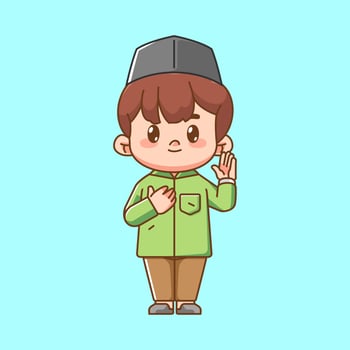 Cute muslim boy hand on chest child kawaii chibi character mascot illustration outline vector