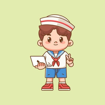 Cute boy wear sailor uniform hold laptop kawaii chibi character mascot illustration outline style design vector