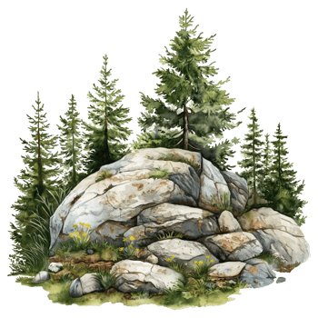 watercolor of piece green island with trees and rock isolated on transparent background. png