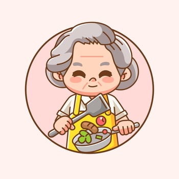 Cute grandma chef cook chibi kawaii character mascot design restaurant cafe shop logo outline style vector