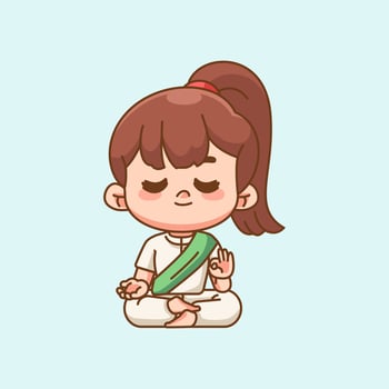 Cute girl meditation yoga kawaii chibi character mascot illustration outline style design vector