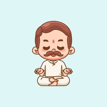 Cute india man meditation yoga kawaii chibi character mascot illustration outline style design vector