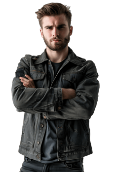 Confident man in dark jacket with arms crossed isolated on transparent background png