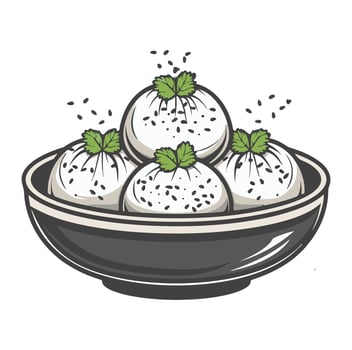 dumplings with sesame seeds and green leaves in a black bowl cartoon illustration , vector
