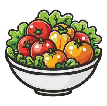 Bowl of salad with tomatoes and bell peppers cartoon illustration , vector