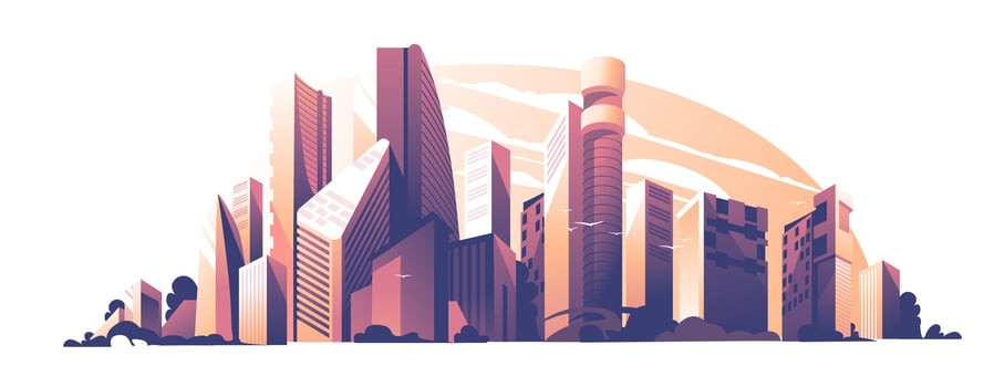 Sunset among skyscrapers. Panorama of tall buildings. Evening or morning pink and orange light. illustration vector